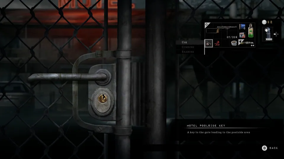 Official Steam screenshot of a padlocked gate behind chain-link fence, with an inventory panel and item text on screen.